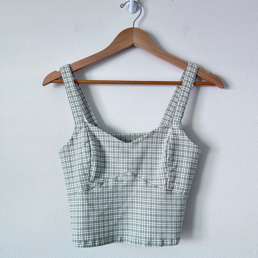 Hollister Plaid Crop Sz L Tank Top Women's Green White Square Neck